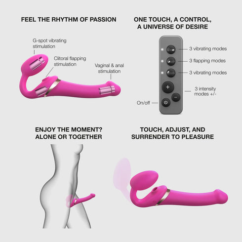 Strap-on Multi Orgasm Télécommandé 3 moteurs - Télécommande rechargeable - Fuschia