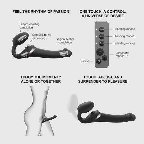 Strap-on Multi Orgasm Télécommandé 3 moteurs - Télécommande rechargeable - Noir