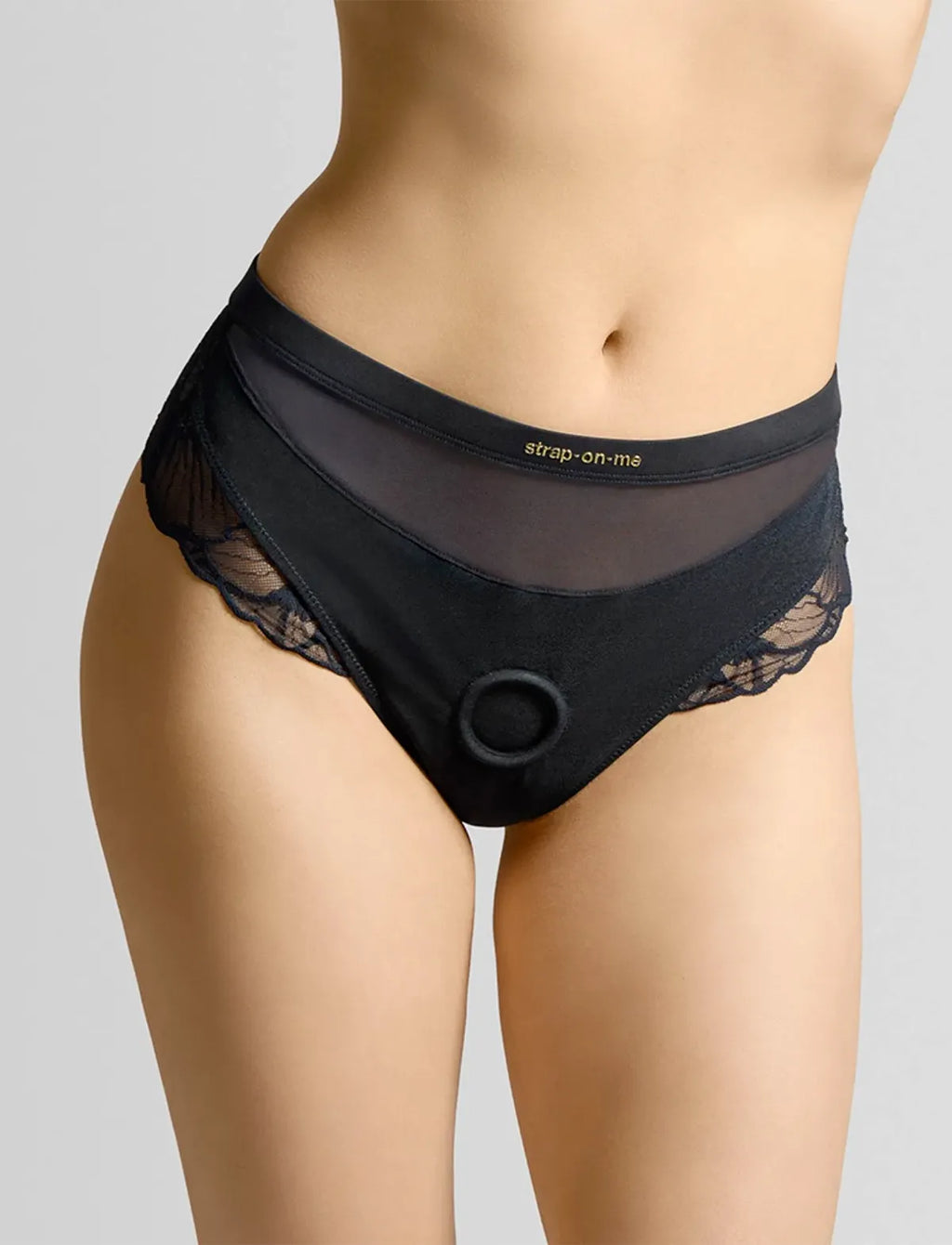 Arnés lencería Sublime negro en tul con borde de encaje y anillo central – strap-on-me®