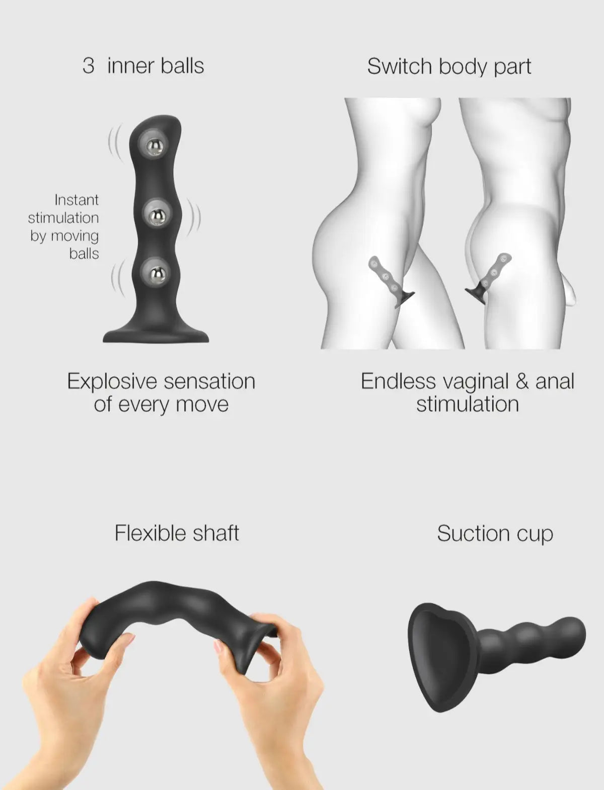 Dildo hybride collection boules de geisha noir – stimulation interne et sensations renforcées, compatible strap-on-me