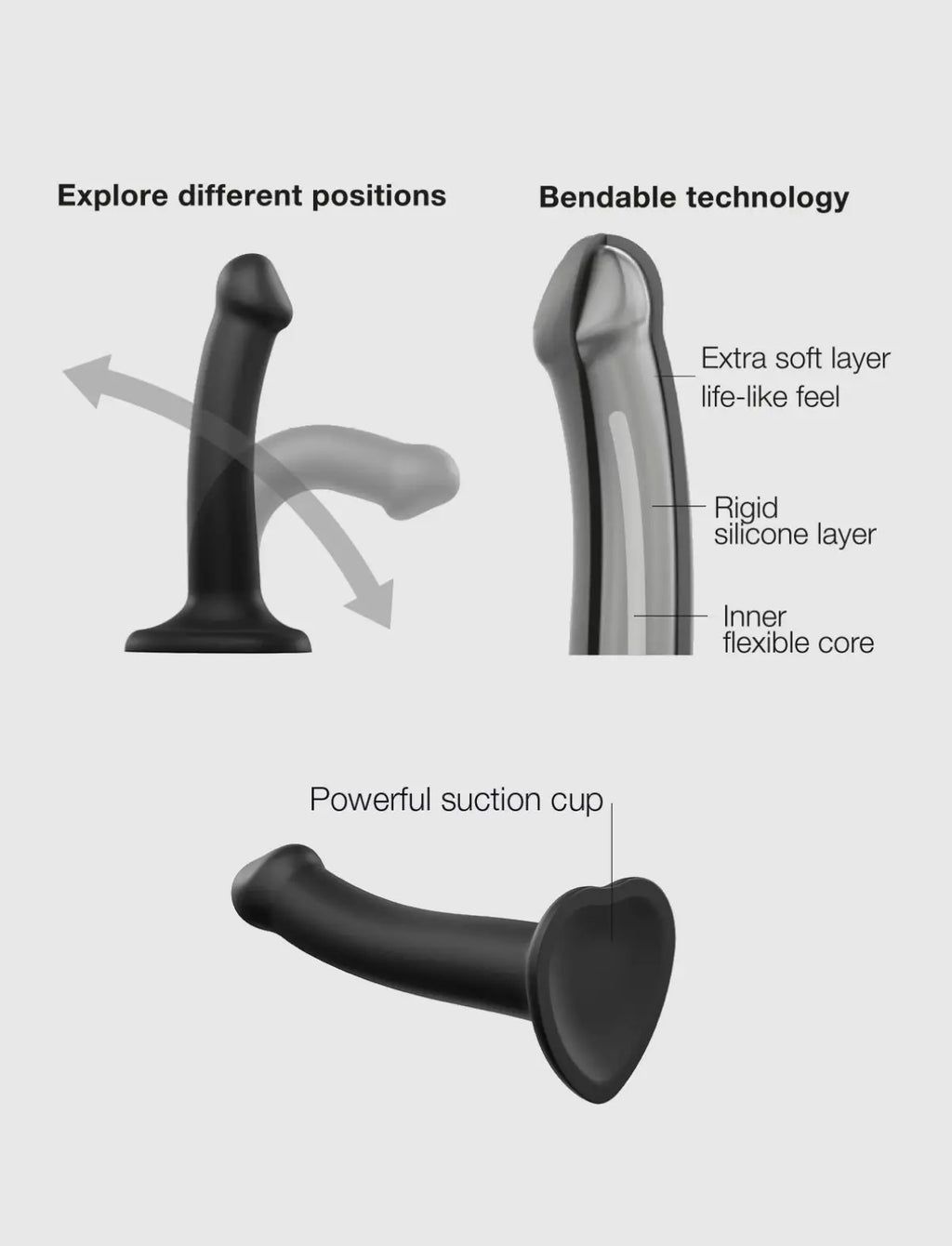 Dildo semi-réaliste double densité bendable noir – flexible et confortable, compatible strap-on-me