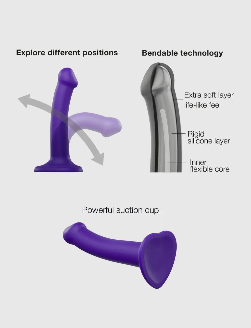 Dildo semi-réaliste double densité bendable violet – flexible et confortable, compatible strap-on-me