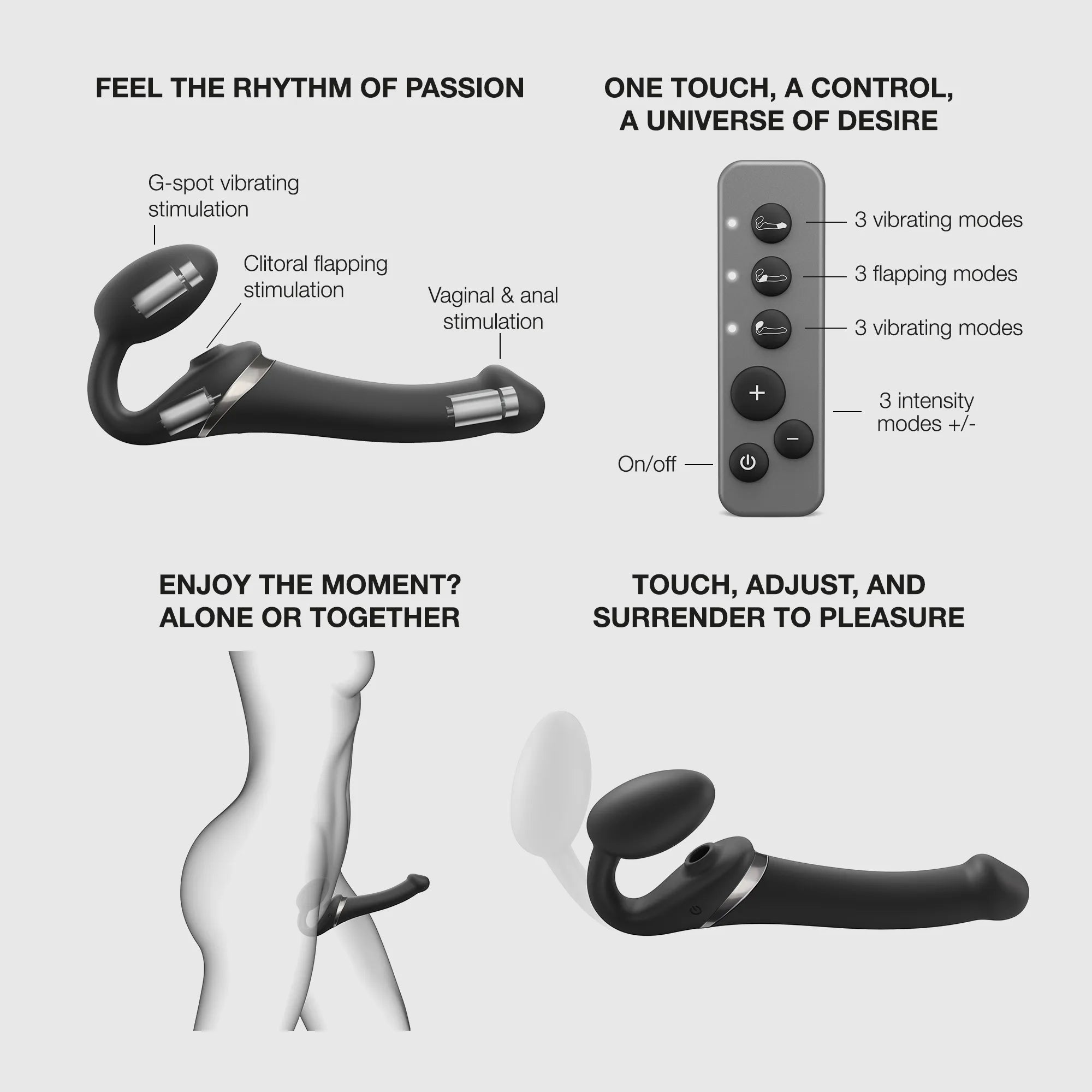 Strap-on Multi Orgasm Télécommandé 3 moteurs - Télécommande rechargeable - Noir